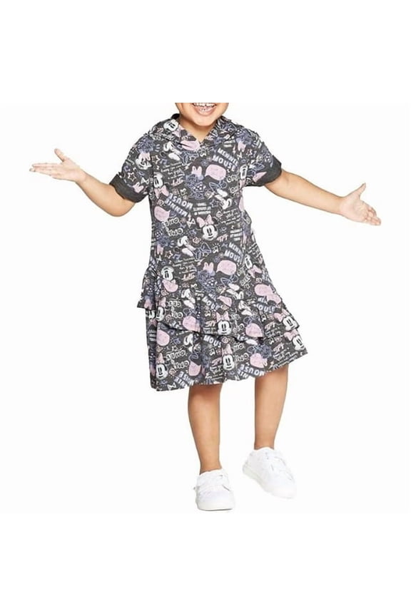 Toddler Girls' Minnie Mouse Graffiti Print Drop Waist Hoodie Dress - (Charcoal, 4T)