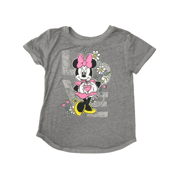 Disney Toddler Girls Short Gray & Silver Glittery Minnie Mouse Love Tee Shirt 4T