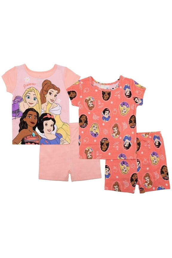 Toddler/Little/Big Girls' Princess Pajama Set 4-Piece Cotton Sleepwear, Pink Princess, 3T
