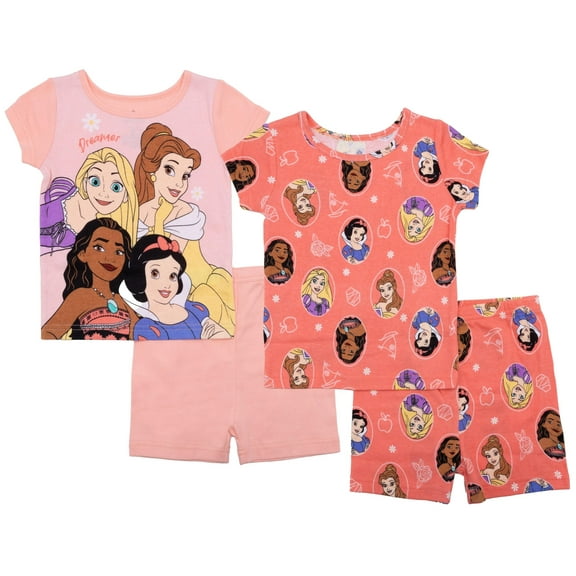 Disney Toddler/Little/Big Girls' Princess Pajama Set 4-Piece Cotton Sleepwear, Pink Princess, 4T