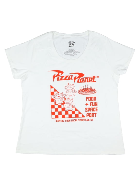 Disney Toy Story Alien Pizza Planet Food Fun Space Port Adult Crewneck Short Sleeve Shirt Womens Plus Size Graphic Tee