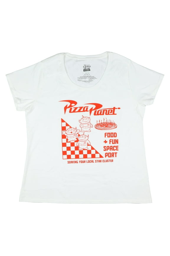 Disney Toy Story Alien Pizza Planet Food Fun Space Port Adult Crewneck Short Sleeve Shirt Womens Plus Size Graphic Tee