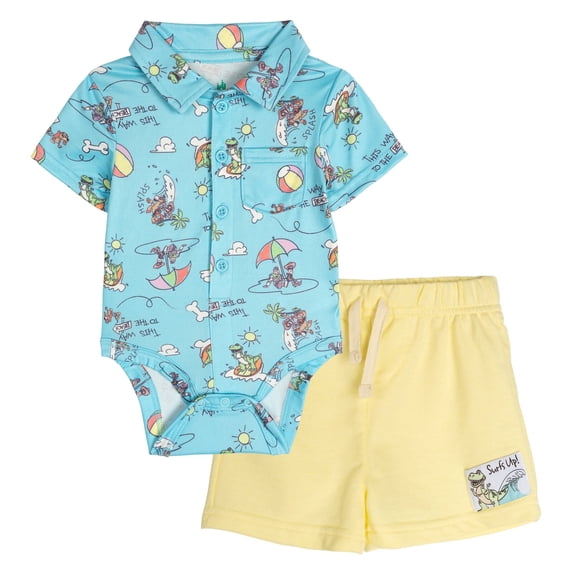 Disney Toy Story Baby Boy or Girl Short Sleeve Button-Down Bodysuit and Shorts Set Light Blue/Pale Yellow Toy Story