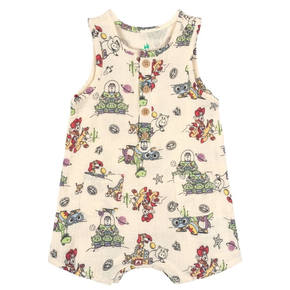Disney Toy Story Baby Boy or Girl Sleeveless Cotton Gauze Button Romper Beige Woody & Buzz Lightyear