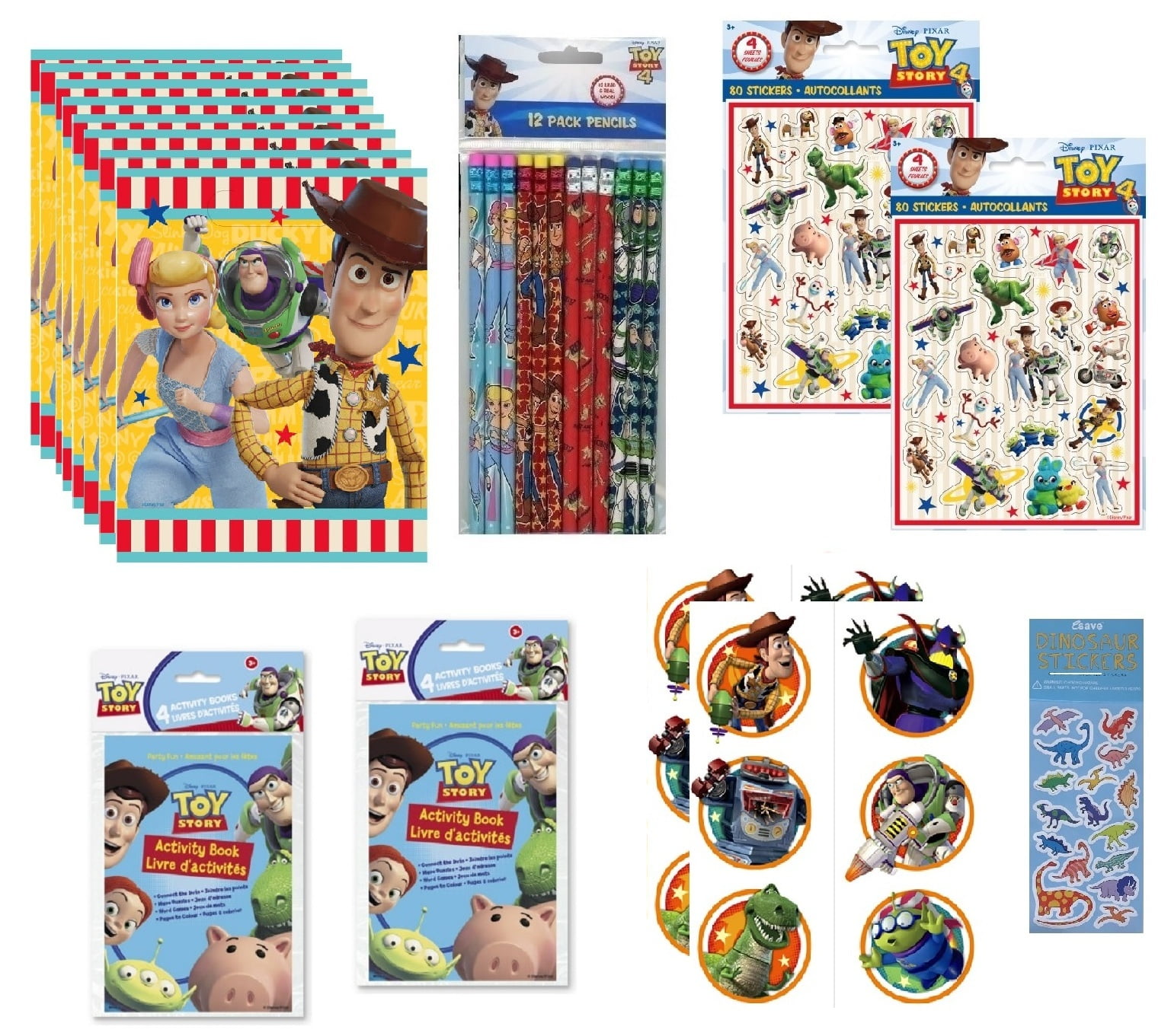 Disney Toy Story Birthday Party Supplies Bundle includes 8 Party Favor Loot Bags, 12 Pencils, 8 Sticker Sheets, 8 Activity Books, 12 Tattoos
