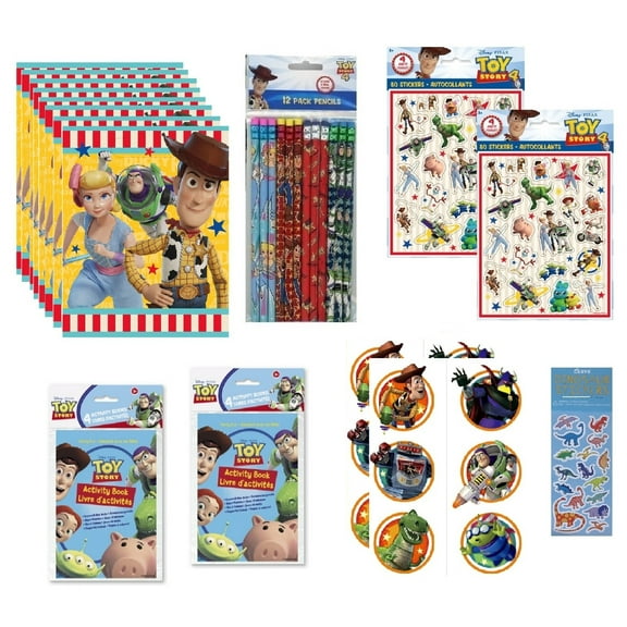 Disney Toy Story Birthday Party Supplies Bundle includes 8 Party Favor Loot Bags, 12 Pencils, 8 Sticker Sheets, 8 Activity Books, 12 Tattoos