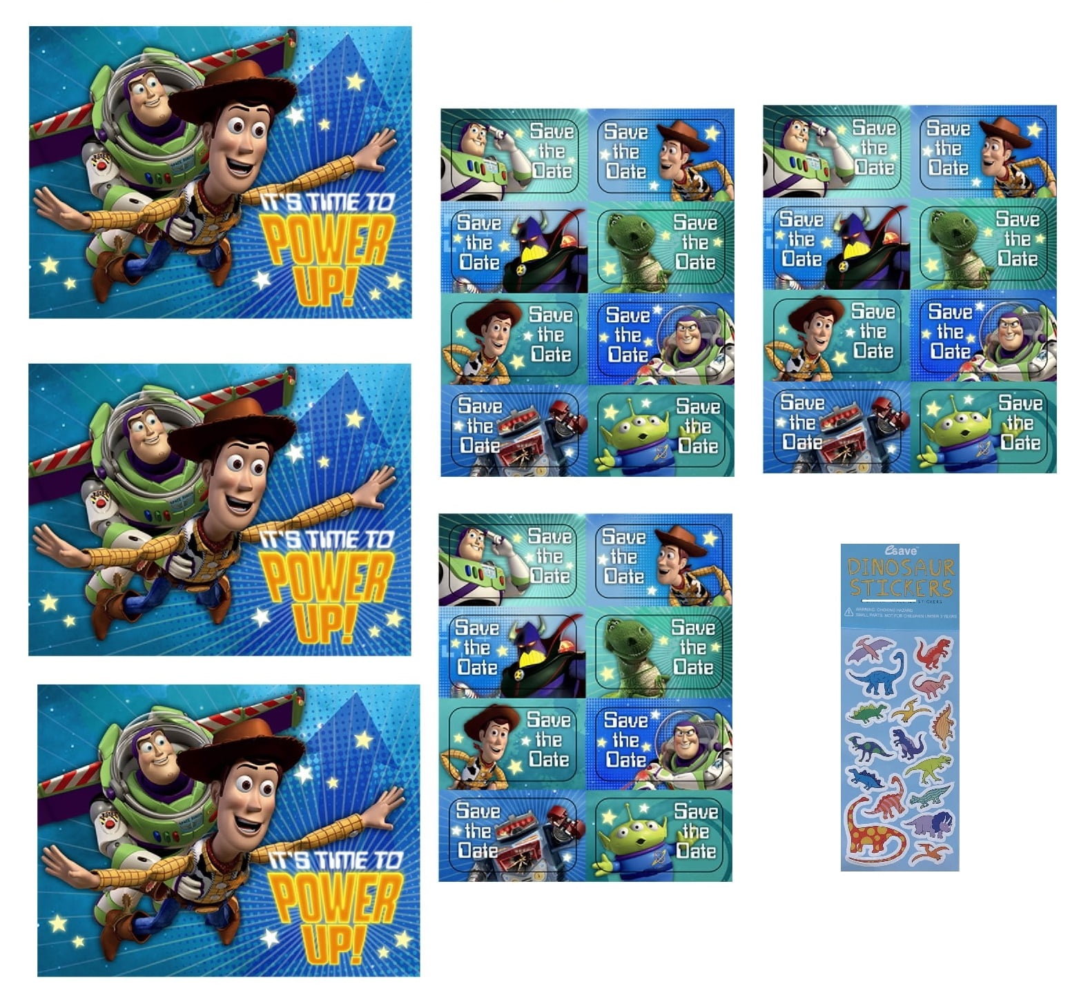 Disney Toy Story Birthday Party Supplies Bundle includes 24 Party Invitation, 24 Envelopes, 24 Save the Date Stickers, 1 Dinosaur Sticker Sheet