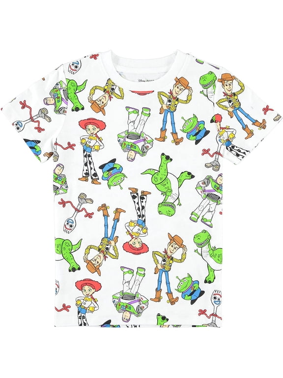 Toy Story Boys Short Sleeve T-Shirt - All Over Print T-Shirt - Woody, Buzz, Forky, Jessie, Rex and Aliens