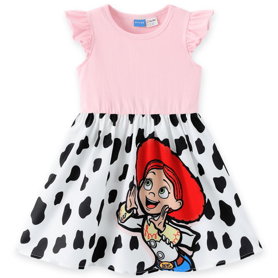 Disney Toy Story Girls Dresses Jessie Graphic Cow Pink Cotton Summer Birthday Vacation Dress Kids 5-6 Years