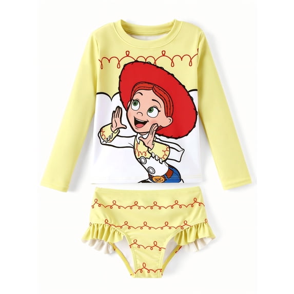 Disney Toy Story Jessie Girls Rash Guard Swimsuit Long Sleeve Top and Ruffle Bikini Bottom Set for Kids 2–9Y