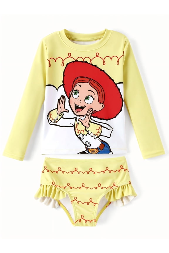 Toy Story Jessie Girls Rash Guard Swimsuit Long Sleeve Top and Ruffle Bikini Bottom Set for Kids 2–9Y