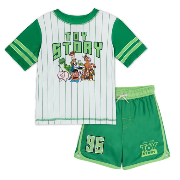 Disney Toy Story Little Boys' Swimwear 2-Piece Rash Guard and Swim Trunks Set Grey Green