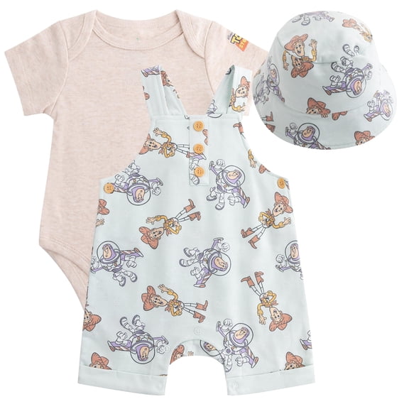 Disney Toy Story Shortall French Terry Overalls Bodysuit and Bucket Hat (Baby Boys), 3 Piece Set, Sizes 3M-18M