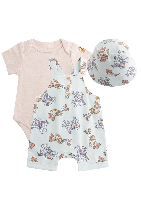 Toy Story Shortall French Terry Overalls Bodysuit and Bucket Hat (Baby Boys), 3 Piece Set, Sizes 3M-18M