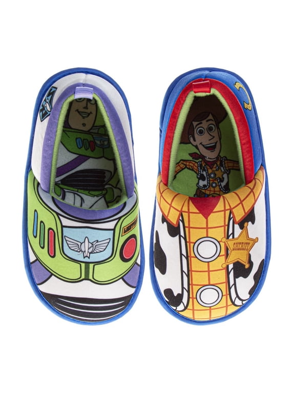 Toy Story Slippers for Kids Woody and Buzz Plush Warm Soft Aline Comfy Lightweight House Shoes, Red Blue, Size: 9 10