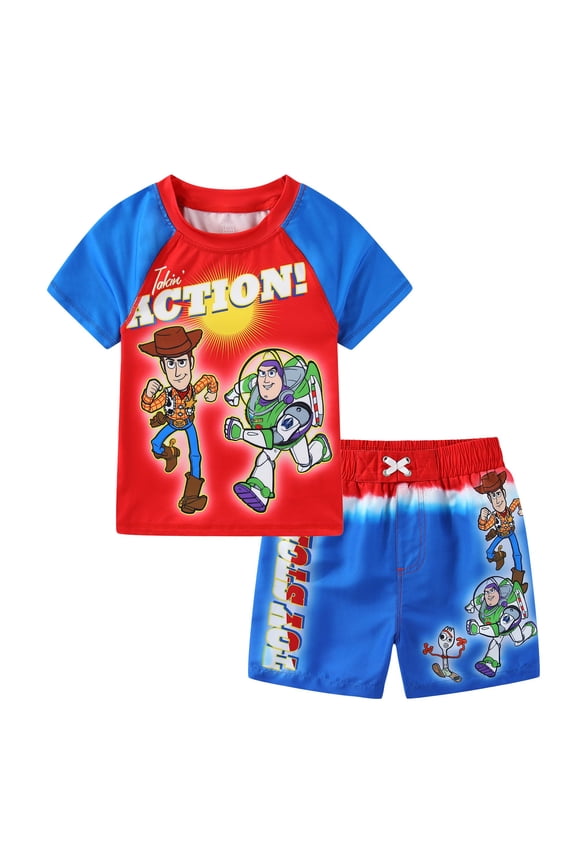 Toy Story UPF 50+ Rash Guard and Swim Trunks Shorts Swimwear Set Swimsuit (Boys), 2 Piece Set, Sizes 2T-7