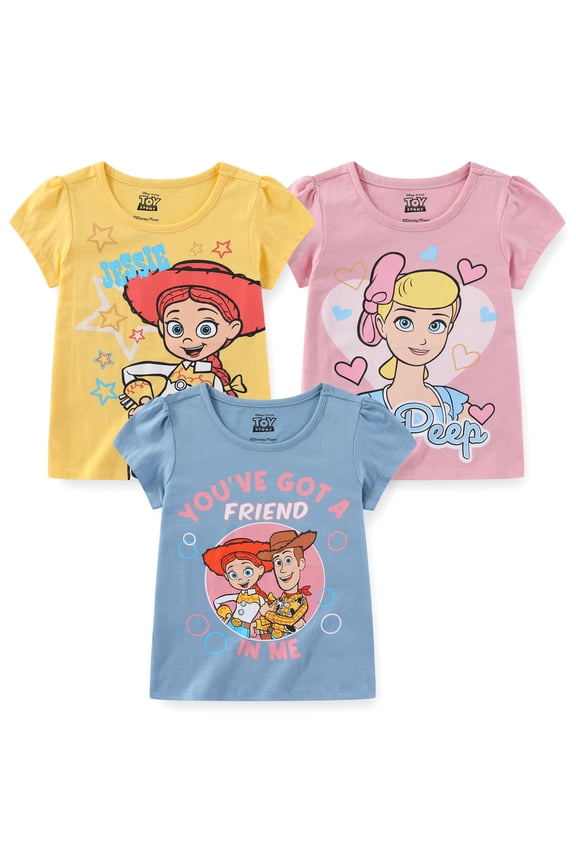 Toy Story Woody Bo Peep Jessie Short Sleeve Shirt (Girls), 3 Pack, Sizes 3T-7