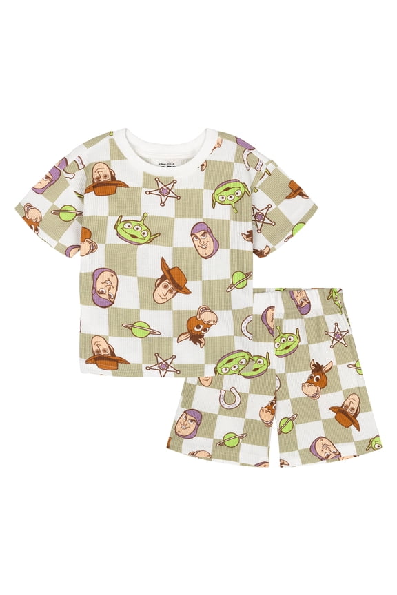 Disney Toy Story Woody Buzz Lightyear Bullseye Waffle Knit Drop Shoulder T-Shirt and Shorts Outfit Set Infant to Little Kid