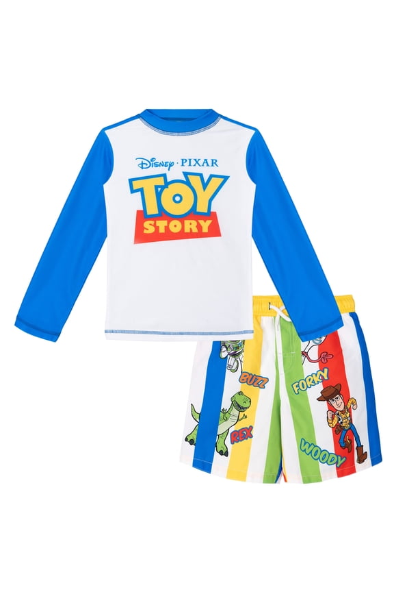 Toy Story Little Boys' Swimwear 2-Piece Rash Guard and Swim Trunks Set Toy Story Blue Stripe