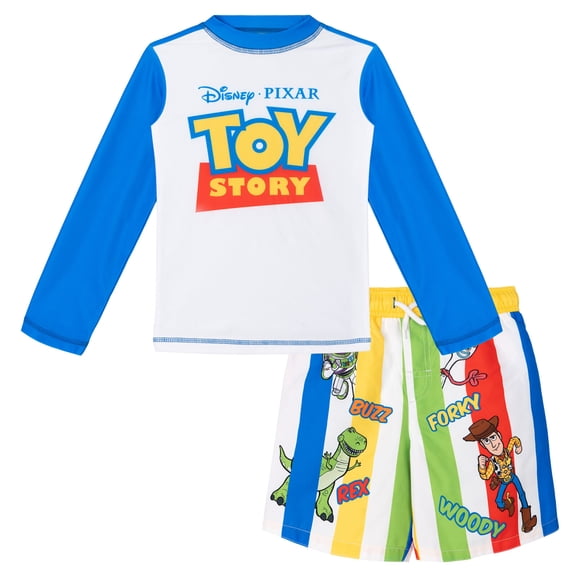Disney Toy Story Woody Buzz Lightyear Forky Raglan Rash Guard and Swim Trunks UPF 50+ Outfit Set Infant to Little Kid