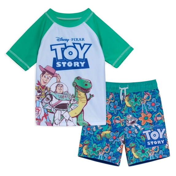 Disney Toy Story Woody Buzz Lightyear Forky UPF 50+ Pullover Rash Guard and Swim Trunks Outfit Set Toddler to Little Kid