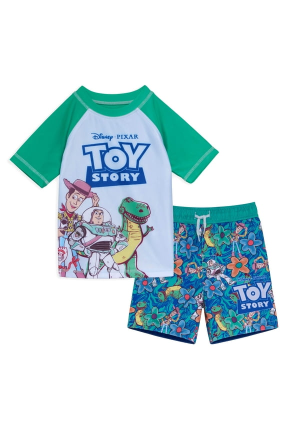 Toy Story Woody Buzz Lightyear Forky UPF 50+ Pullover Rash Guard and Swim Trunks Outfit Set Toddler to Little Kid