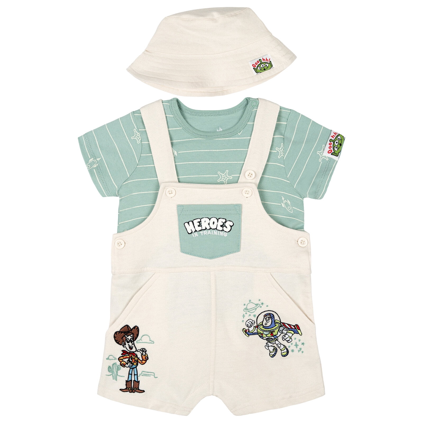Disney Toy Story Baby Boys' Tee and Shortall Set with Bucket Hat Woody Buzz Sage