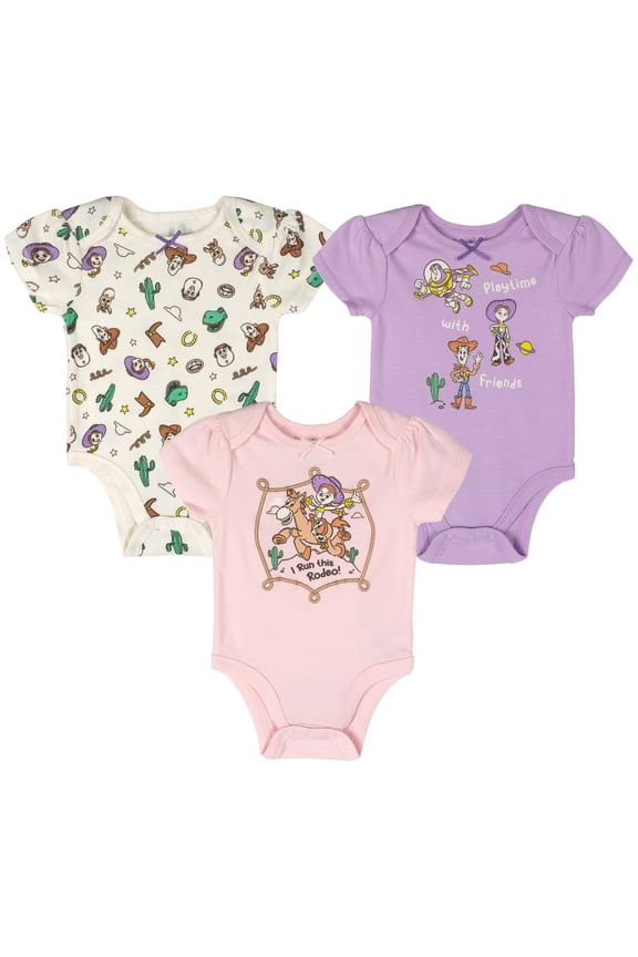 Toy Story Woody Buzz Lightyear Jessie 3 Pack Bodysuits Newborn to Infant