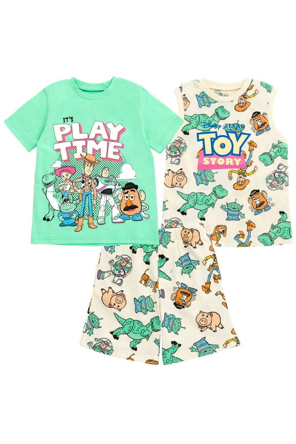 Toy Story Woody Buzz Lightyear Jessie T-Shirt Tank Top and French Terry Shorts 3 Piece Outfit Set Toddler to Little Kid