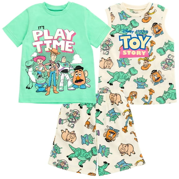 Disney Toy Story Woody Buzz Lightyear Jessie T-Shirt Tank Top and French Terry Shorts 3 Piece Outfit Set Toddler to Little Kid