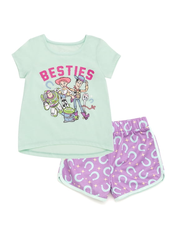 Toy Story Toddler Girls' 2-Piece T-Shirt and Dolphin Shorts Set Aqua Purple