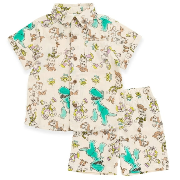 Disney Toy Story Woody Buzz Lightyear Slinky Dog Cotton Gauze Matching Family Button Down Shirt Shorts Outfit Set Infant to Little Kid