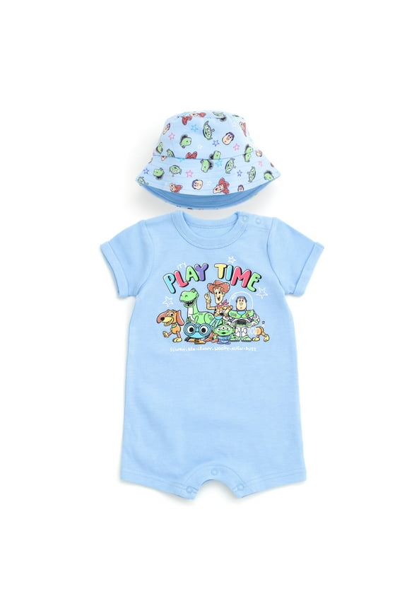 Toy Story Woody Buzz Lightyear Slinky Dog Romper and Bucket Sun Hat Newborn to Infant