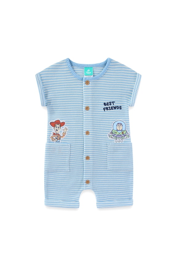 Toy Story Woody and Buzz Lightyear Button Up Waffle Knit Romper (Baby Boys), Sizes 12M-24M