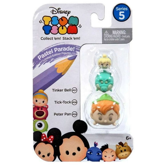 Disney Tsum Tsum Series 5 Pastel Parade Tinker Bell, Tick-Tock & Peter Pan Mini Figures, 3 Pack
