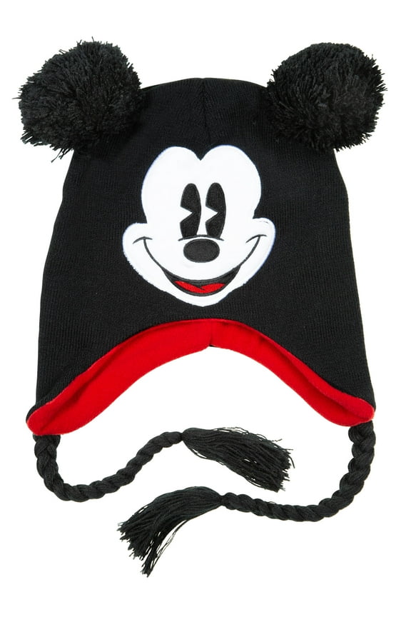 Unisex Adult Mickey Mouse Acrylic Knit Winter Laplander Hat with Jumbo Knit Pom Ears and Knit Tassels Black