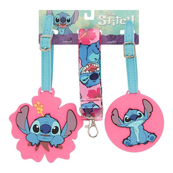 Disney Unisex Lilo and Stitch Luggage Tag, 3 Piece Tag and Lanyard Set Accessories for Kids and Adult Pink