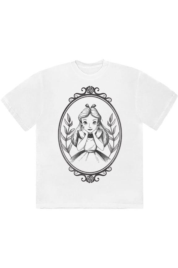 Disney Unisex T-Shirt Alice In Wonderland - Alice Pose Border (White) (Medium)