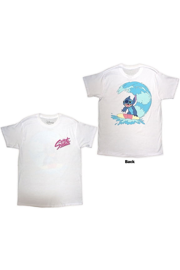 Disney Unisex T-Shirt Stitch Surf (White) (Back Print) (Large)