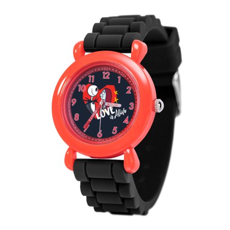 Disney Valentine’s Sally ,Jack Skellington, Boys' Red Plastic Time Teacher Watch, Black Silicone Strap, Kids' Watch WDS001345