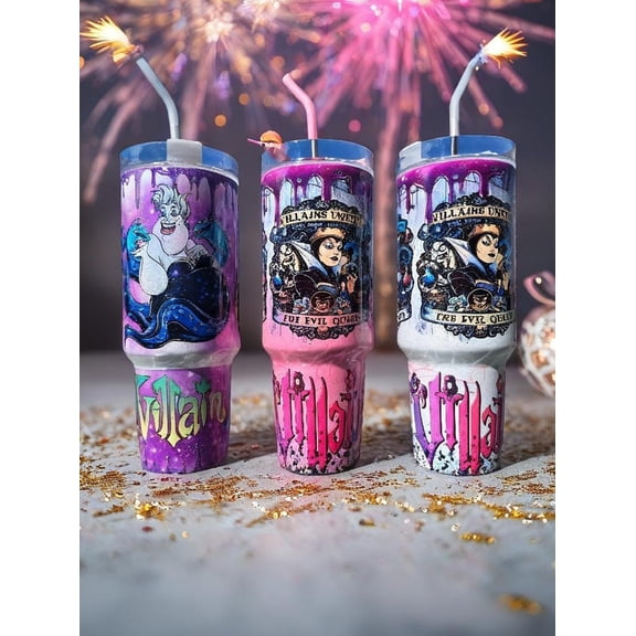 Disney Villains 40oz Tumbler  Shimmer Glitter Maleficent, Ursula & Evil Queen Stainless Steel Cup