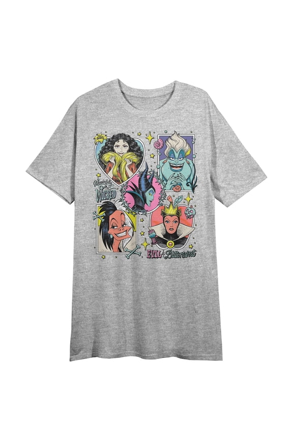 Disney Villains Character Collage Women's Gray Heather Crew Neck Short Sleeve Night Shirt-Small
