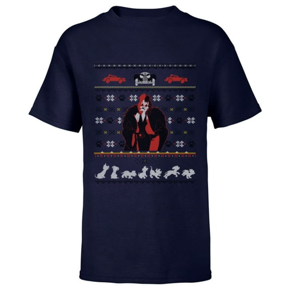 Disney Villains Cruella De Vil Ugly Christmas Sweater - Short Sleeve T-Shirt for Kids - Customized-Navy
