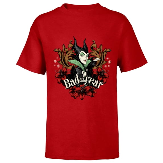Disney Villains Holiday Christmas Maleficent Bad All Year - Short Sleeve T-Shirt for Kids - Customized-Red