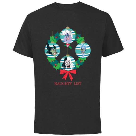 Disney Villains Holiday Christmas Wreath Naughty List - Short Sleeve Cotton T-Shirt for Adults - Customized-Black