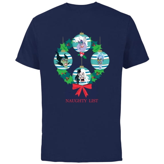 Disney Villains Holiday Christmas Wreath Naughty List - Short Sleeve Cotton T-Shirt for Adults - Customized-Navy