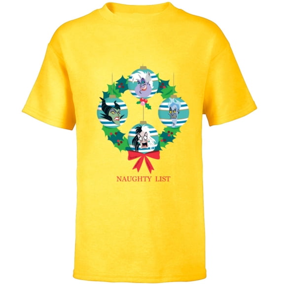 Disney Villains Holiday Christmas Wreath Naughty List - Short Sleeve T-Shirt for Kids - Customized-Yellow