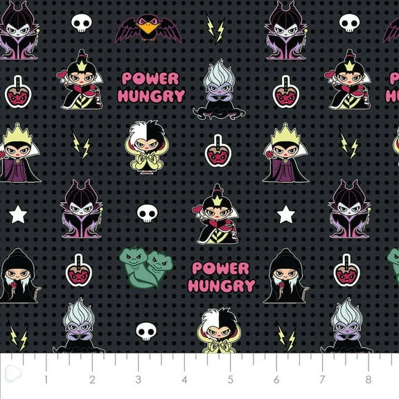 Disney Villains Kawaii Mayhem Collection Baby Nursery Black Multi-Color Quilting Cotton 44" Fabric by The Yard Bad Guys Black Skull Heads