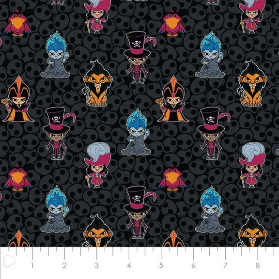 Disney Villians Kawaii Mayhem Collection Baby Nursery Black Multi-color Quilting Cotton 44" Fabric by the Yard Bad Guys Black Skull Heads