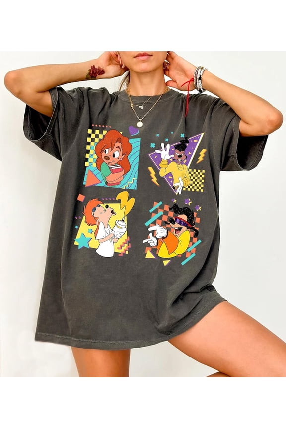 Disney Vintage A Goofy Movie Characters Comfort Colors T-Shirt, Goofy Max Roxanne Powerline Shirt,Pepper color,size XL